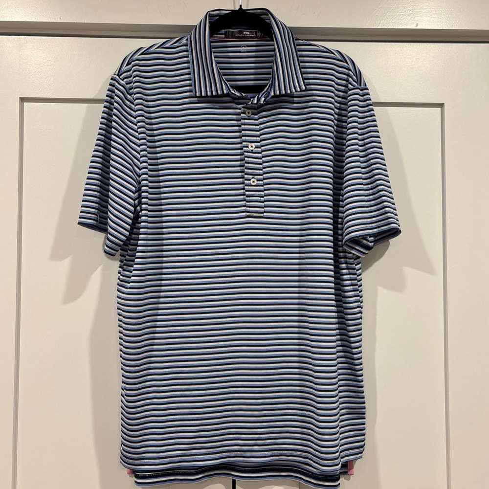 RLX Ralph Lauren Polo Golf Shirt Mens Large Blue black White Stripe Golf